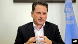 The head of United Nations Relief and Works Agency for Palestine Refugees (UNRWA) Pierre Kraehenbuehl speaks during an interview with The Associated Press in Jerusalem, Aug. 23, 2018. 