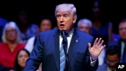 Republican presidential candidate Donald Trump speaks during a campaign rally at Merrill Auditorium, Aug. 4, 2016, in Portland, Maine. 