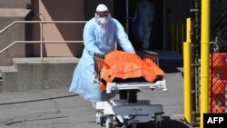 បុគ្គលិក​ពេទ្យ​កំពុង​រុញ​សាក​សព​ចេញ​ពី​មណ្ឌល​សុខភាព Wyckoff ទៅកាន់​ឡាន​បង្កក នៅ​ទីក្រុង​ Brooklyn រដ្ឋ​ញូវយ៉ក សហរដ្ឋ​អាមេរិក កាល​ពី​ថ្ងៃ​ទី​២ មេសា ២០២០។