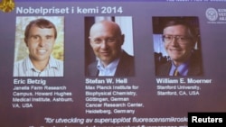 Eric Betzig (à g.), William Moerner (à dr.) et Stefan Hell se sont vus décernés le prix Nobel de chimie 2014 