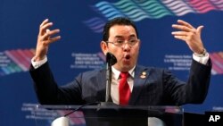 FILE - The President of Guatemala Jimmy Morales speaks during a conference on Prosperity and Security in Central America in Miami, June 15, 2017. 