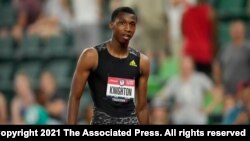 Erriyon Knighton finishes in third during the final in the men's 200-meter run at the U.S. Olympic Track and Field Trials, June 27, 2021, in Eugene, Ore.