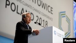 UN Secretary-General Antonio Guterres addresses during the opening of COP24 UN Climate Change Conference 2018 in Katowice, Poland, Dec. 3, 2018. 