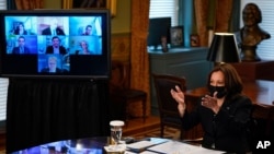 카멀라 해리스 미국 부통령이 14일 백악관 행정건물에서 안보 전문가들과 화상 간담회를 했다.