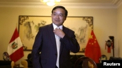 Jia Guide, China's ambassador to Peru, speaks during an interview with Reuters at the Chinese embassy in Lima, Peru, Apr. 11, 2018. 