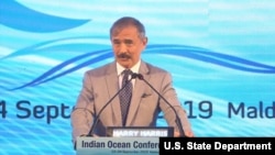 해리 해리스 주한미국대사가 4일 몰디브 말레에서 열린 '2019 인도양 컨퍼런스'에서 연설했다.