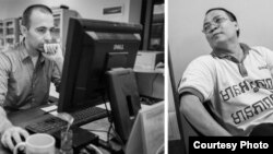 លោក Zsombor Peter (ឆ្វេង) និងលោក អូន ភាព គឺជាអតីតអ្នកយកព័ត៌មានឲ្យកាសែត the Cambodia Daily ដែលត្រូវបានចោទប្រកាន់ពីបទញុះញង់ ដោយតុលាការខេត្តរតនគីរី។ (រូបថតដោយ៖ Ben Woods)