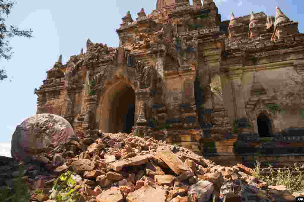 The damaged ancient Myauk Guni Temple is pictured, after a 6.8 magnitude earthquake hit Bagan, Aug. 25, 2016.