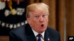 Presiden Donald Trump di Ruang Kabinet Gedung Putih, Washington, 12 April 2018.