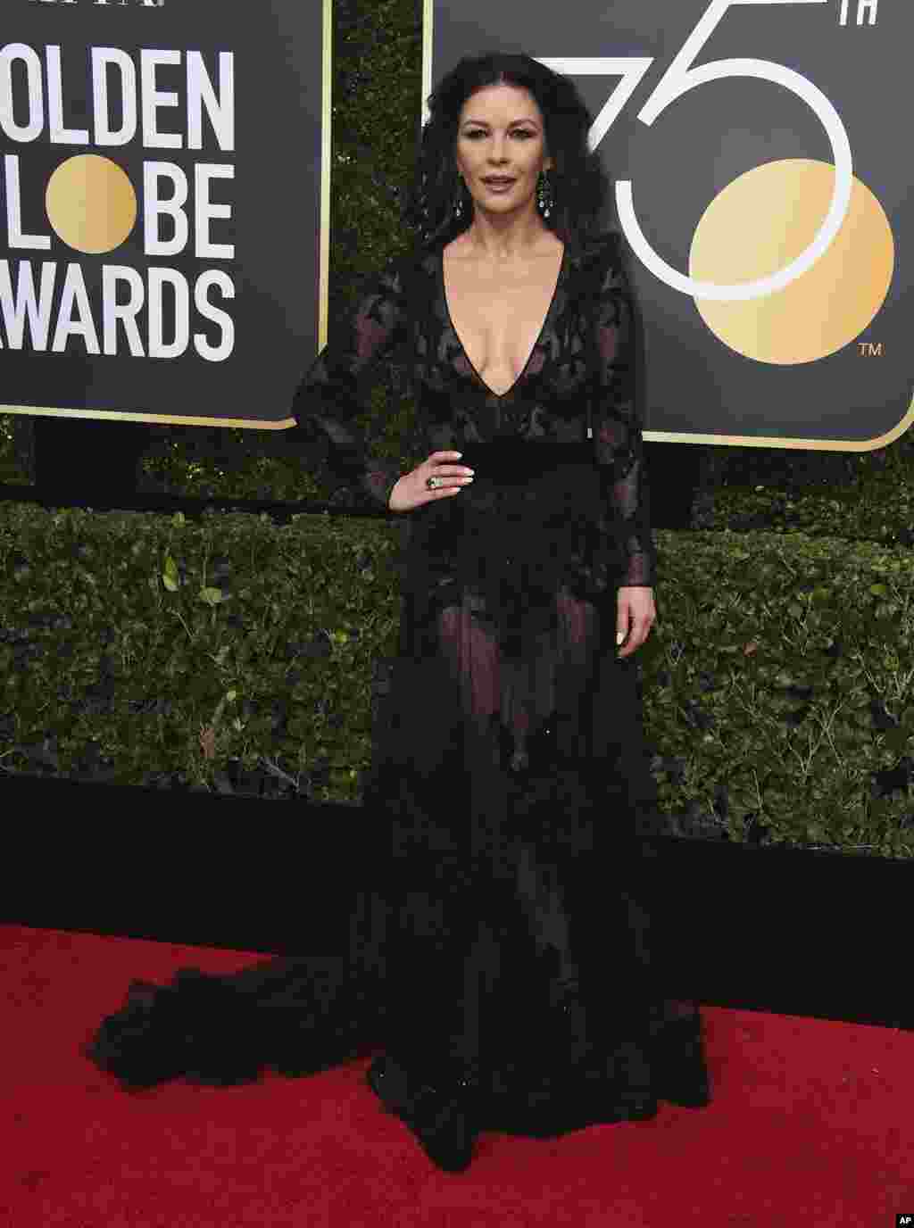 Catherine Zeta-Jones arrives at the 75th annual Golden Globe Awards at the Beverly Hilton Hotel on Sunday, Jan. 7, 2018, in Beverly Hills, Calif. (Photo by Jordan Strauss/Invision/AP)