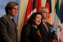 Nicolas de Riviere, French ambassador to the United Nations, Karen Pierce, the United Kingdom's ambassador to the U.N., and Jurgen Schulz, German deputy ambassador to the U.N., deliver a statement after a U.N. Security Council meeting on North Korea's latest missile launches, at the United Nations headquarters in New York, Aug. 1, 2019.