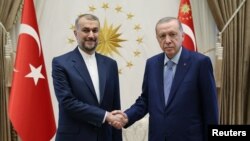 Turkish President Recep Tayyip Erdogan meets with Iranian Foreign Minister Hossein Amirabdollahian in Ankara, Turkey, on Nov. 1, 2023. (Turkish Presidential Press Office via Reuters) 