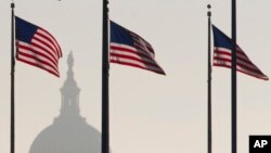 The U.S. Capitol Dome is seen in the distance as American flags fly on the National Mall around the base of the Washington Monument in Washington, D.C., Oct. 15, 2013. 