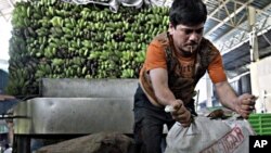 A man unloads sacks of agricultural products in a public market in suburban Quezon City north of Manila, Philippines, March 10, 2011