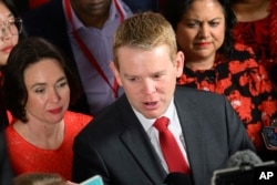 New Zealand Prime Minister Chris Hipkins speaks to media after conceding in Wellington, on Oct. 14, 2023, following a general election loss.