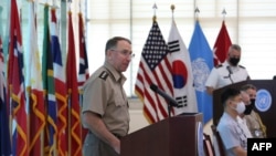 27일 판문점에서 열린 한국전 정전 67주년 기념식에서 로버트 에이브럼스 주한미군사령관 겸 유엔군사령관이 연설했다.