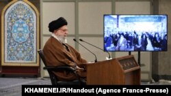 FILE - Iran's Supreme Leader Ayatollah Ali Khamenei addresses a crowd via videoconference in Tehran, Jan. 9, 2022.