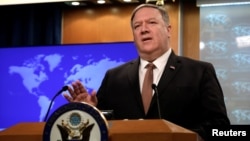 FILE - U.S. Secretary of State Mike Pompeo speaks during a briefing at the State Department in Washington, April 8, 2019. 