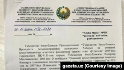 AOKA "Gazeta.uz" nashriga jo'natgan ogohlantirish xati