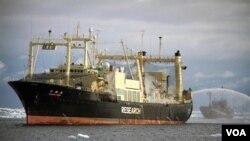 Kapala penangkap paus Jepang "diikuti" oleh kapal aktivis anti perburuan paus 'Sea Sheperd' (kanan).