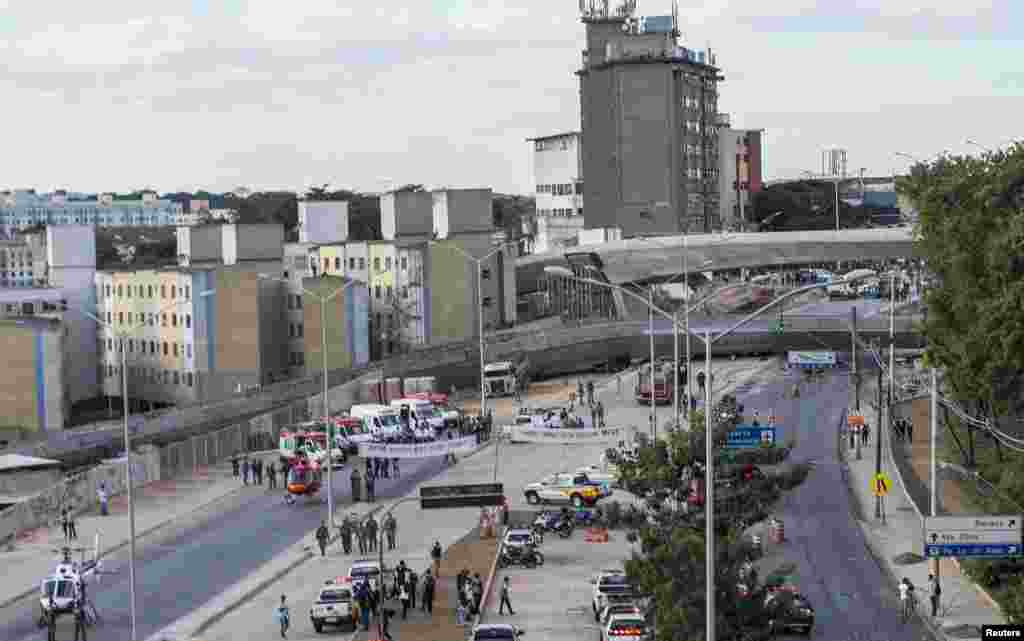 An overview of a bridge that collapsed while under construction in Belo Horizonte, Brazil, July 3, 2014.