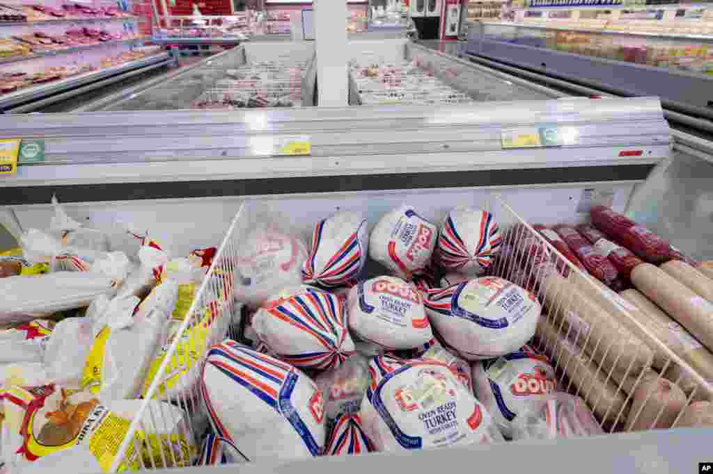 Imported meat products are displayed at a supermarket in Novosibirsk, about 2,800 kilometers east of Moscow, Russia, Aug. 7, 2014.
