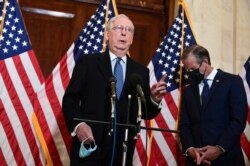 FILE - U.S. Senate Majority Leader Mitch McConnell, R-Ky., speaks after the Senate Republican GOP leadership election on Capitol Hill in Washington, Nov. 10, 2020.