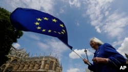 13일 영국 런던 의회 밖에서 친 유럽연합(EU) 성향의 여성이 EU 깃발을 흔들며 시위하고 있다. 