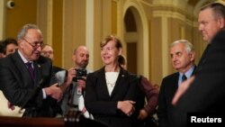 Pemimpin Mayoritas Senat AS Chuck Schumer (kiri) dan para Senator Demokrat (foto: dok). 