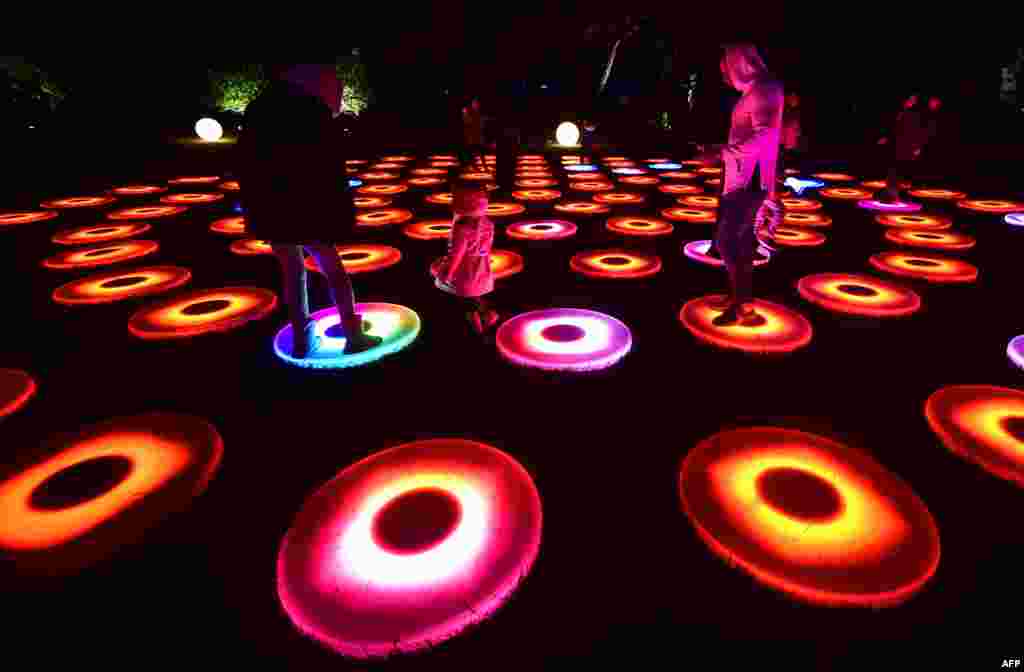 People visit the Enchanted Forest of Light preview at Descanso Gardens in La Canada Flintridge, California, Nov. 21, 2016, where Descanso&#39;s hallmark oak trees and botanical collections will be lit for 43 nights starting Nov. 25 to celebrate the festive season.