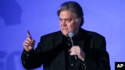 Steve Bannon, former strategist for President Donald Trump, speaks at at the California Republican Convention in Anaheim, Calf., Oct. 20, 2017.