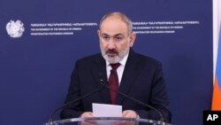 Armenia's Prime Minister Nikol Pashinyan speaks during joint statements with NATO Secretary General Jens Stoltenberg after their meeting in Yerevan, Armenia, March 19, 2024. 