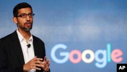 FILE - In this Wednesday, Jan. 4, 2017, file photo, Google CEO Sundar Pichai speaks during a news conference on Google's collaboration with small scale local businesses in New Delhi. 