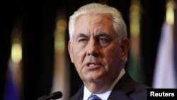 Menteri Luar Negari AS, Rex Tillerson, di sebuah konferensi pers di Vancouver, British Columbia, Kanada, 16 Januari 2018.