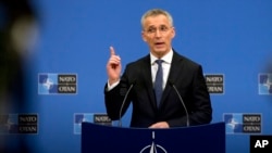 NATO Secretary General Jens Stoltenberg speaks during a media conference at NATO headquarters in Brussels, Belgium, April 1, 2019. President Donald Trump is meeting, April 2, 2019, with Stoltenberg at the White House.