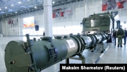 RUSSIA -- Components of SSC-8/9M729 cruise missile system are on display during a news briefing, organized by Russian defence and foreign ministries, at Patriot Expocentre near Moscow, January 23, 2019