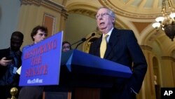 Senate Majority Leader Mitch McConnell of Kentucky speaks to reporters on Capitol Hill in Washington, July 30, 2015. 