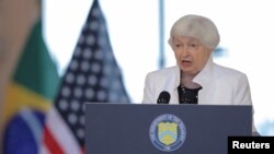 Menteri Keuangan AS Janet Yellen berbicara dalam konferensi pers di Sao Paulo, Brazil, pada 27 Februari 2024. (Foto: Reuters/Carla Carniel)