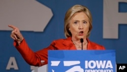 Democratic presidential candidate Hillary Rodham Clinton speaks during the Iowa Democratic Party's Hall of Fame Dinner in Cedar Rapids, Iowa, July 17, 2015.