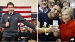 From left, Republican presidential candidate Senator Marco Rubio speaks at Iowa State University in Ames, Iowa, Jan. 23, 2016; Democratic presidential candidate Hillary Clinton poses for a selfie with a supporter in West Des Moines, Iowa, Jan. 24, 2016.