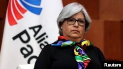 FILE - Mexico's Economy Minister Graciela Marquez looks on during a news conference after attending a meeting in Mexico City, Mexico, May 10, 2019.