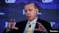 Le président de la Turquie Recep Tayyip Erdogan lors du Forum de Bloomberg sur le business mondial à New York, 20 septembre 2017.
