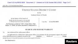FILE - A copy of the search warrant allowing the FBI to search former U.S. President Donald Trump's Mar-a-Lago estate.