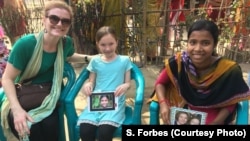 Sasha Forbes, left, and her 9-year-old daughter Maya, middle, meet their sponsored girl in Khulna, Bangladesh, April 2018. The Girls Education Program provides extra-curricular support, such as daily tutoring, books, school supplies and educational seminars. 
