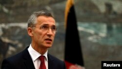 NATO Secretary General Jens Stoltenberg speaks during a news conference in Kabul, Nov. 6, 2014.