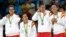 Members of the Spain basketball team celebrate with their silver medals following a women's gold medal basketball game against the United States at the 2016 Summer Olympics in Rio de Janeiro, Brazil, Aug. 20, 2016. 