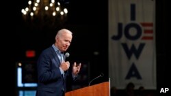 Former Vice President and Democratic presidential candidate Joe Biden speaks during a rally, May 1, 2019, in Des Moines, Iowa. 