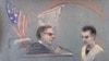 法庭素描画显示涉嫌泄露机密文件的美国空军国民警卫队成员特谢拉在波士顿的联邦地区法院过堂，面对一名联邦法官。(2023年4月14日)