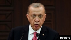 Presiden Turki Recep Tayyip Erdogan berbicara dalam sebuah konferensi pers di Ankara, Turki, pada 3 Juni 2023. (Foto: Reuters/Umit Bektas)