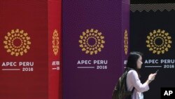 2016年11月17日，秘鲁首都利马的国家博物馆前，一名女性走过。11月19日至20日，亚太经合组织领导人峰会将在利马举行。